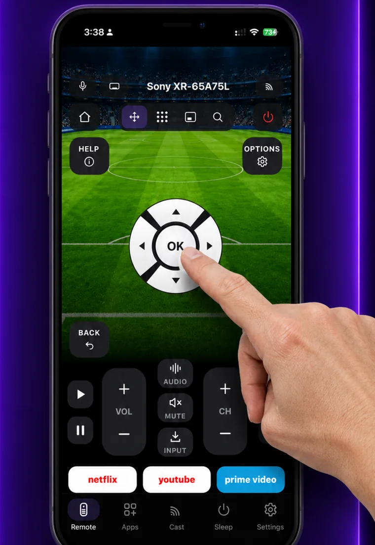 EveryMote open on an iPhone, a finger pressing OK on the on-screen D-pad